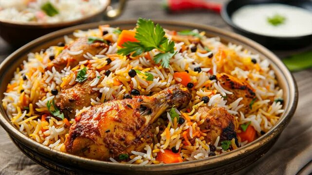 Flavorful Indian chicken biryani with fragrant rice, vibrant vegetables, and fresh herbs, perfect meal bursting with spices for any occasion.
