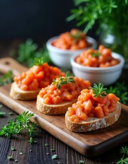 Tuna rillettes appetizer served on toasted bread slices garnished with fresh herbs. Presentation on wooden tray. Delicious starter. French cuisine. Dish features rich texture, vibrant orange color.