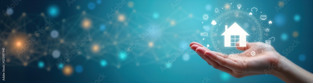 Fototapete Hand holding virtual smart home tech. Digital house icon floats in hand. Automation concept. Many tech icons surrounding. Future of home tech displayed. Modern home automation. Smart home tech