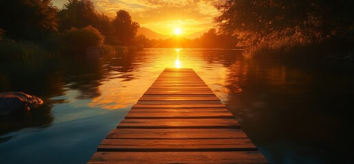 Obraz premium Sunset river dock, calm water, golden hour