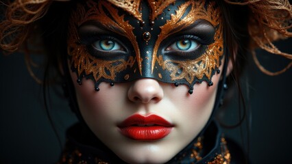 Fototapeta premium Elegant experimental makeup with black lace-inspired design, golden glitter accents, and artistic flair.