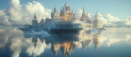 A breathtaking dreamlike floating castle surrounded by wispy clouds creating a magnificent and ethereal reflection in the calm waters below  This fantastical magical