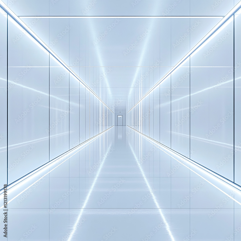Poster minimalist futuristic white corridor with led lights and symmetrical design