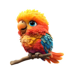 Colorful Fluffy 3D Cartoon Parrot Sitting on a Branch on transparent background