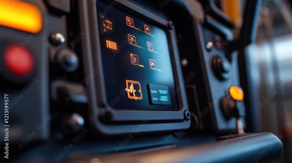 Poster close up of a sophisticated control panel featuring an illuminated display with various icons and bu