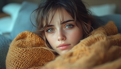 A young woman feeling unwell in bed at home.