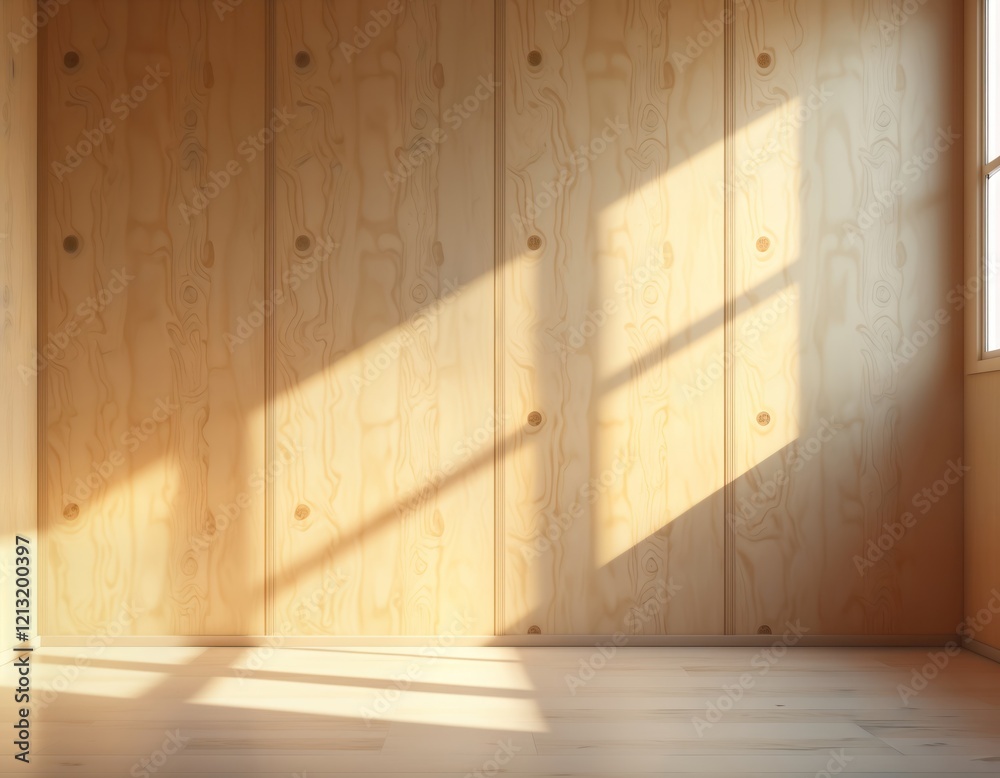 Poster empty room with light beige plywood walls, floor. sunlight casts shadows on surface. natural light s