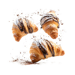 Flying Croissants with Chocolate Syrup on transparent background