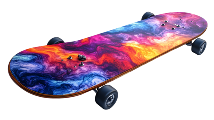 Cosmic Cruiser Skateboard: A vibrant skateboard deck showcasing a mesmerizing cosmic swirl of purples, blues, oranges, and reds. The design is captivating, evoking a sense of freedom and adventure.