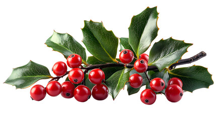 Holly Sprig with Berries: A festive holly sprig laden with vibrant red berries, showcasing the traditional symbol of Christmas cheer,  against a clean background.  Perfect for holiday greetings.