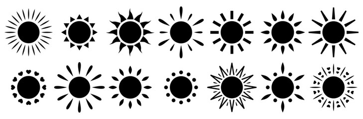 Sun icon set. Black sun icons. Shine sun ray set. Summer, spring, nature, sky. Sun silhouette. Hot solar energy