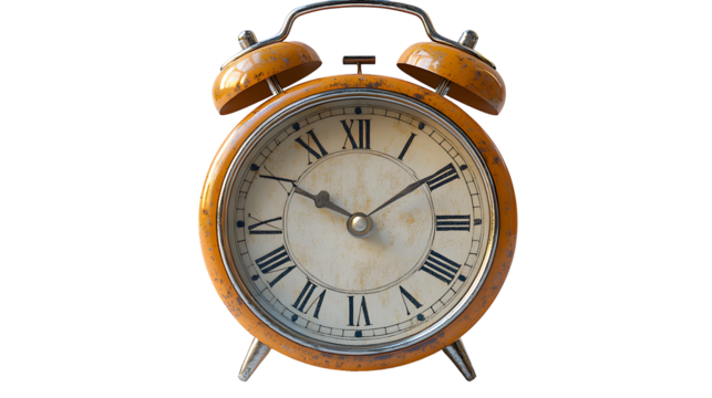 Vintage Alarm Clock: A weathered, mustard-yellow alarm clock with Roman numerals, showing the passage of time.  The antique clock evokes a sense of nostalgia and the importance of punctuality.