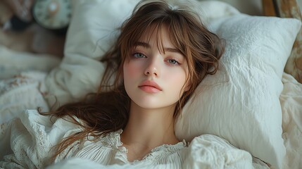 A young woman resting on a white pillow in bed.