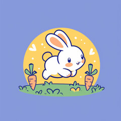 Cute rabbit hopping around garden filled with carrots and flowers