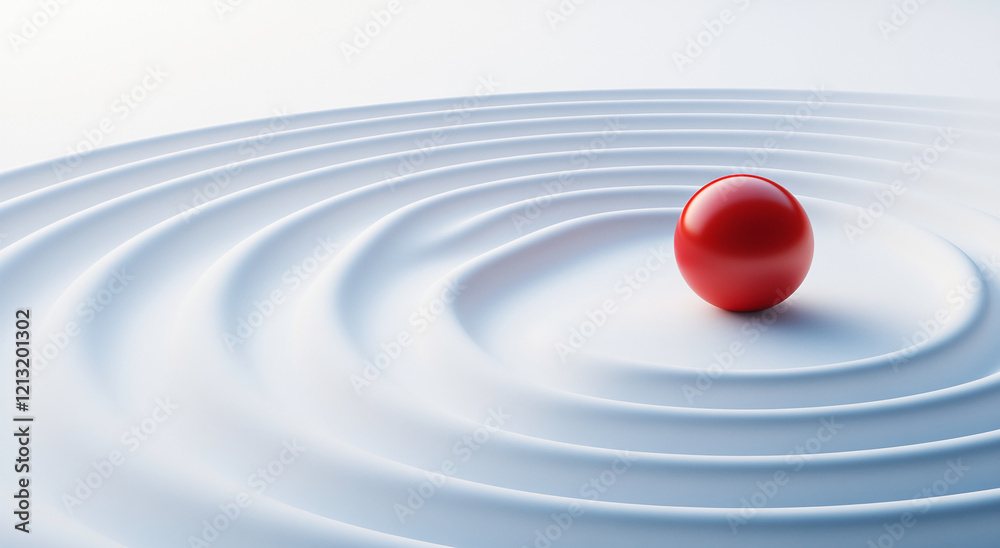 Poster red sphere on smooth white rippled surface with minimalist design