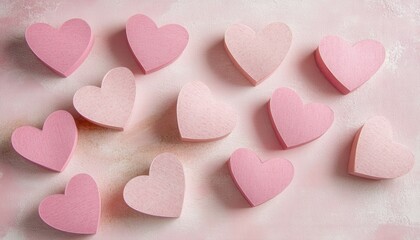 Fototapeta premium Romantic Pink Hearts Scattered on a Soft Pink Background Valentine s Day Love Romance Concept