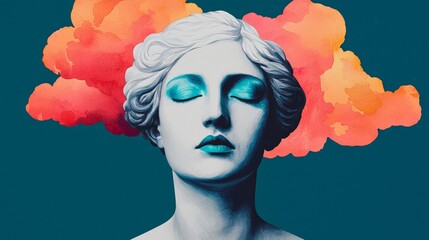 Dreamlike Vintage Composition with Abstract Clouds and Serene Figure