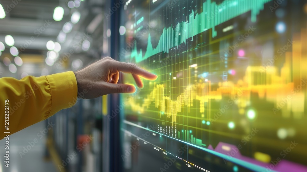 Poster engineer in a yellow jacket interacting with a touchscreen to analyze colorful charts and graphs, op