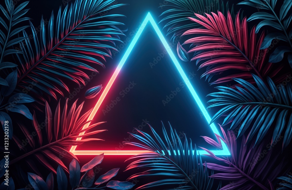 Poster neon triangle design with tropical leaves. vivid bright colors create abstract layout. dark backgrou