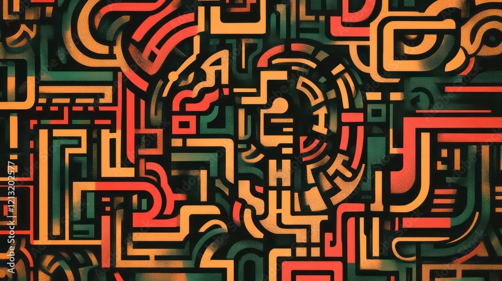 Poster abstract geometric pattern with orange, red, and teal shapes forming a complex design.