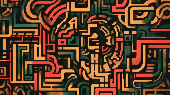 Abstract geometric pattern with orange, red, and teal shapes forming a complex design.
