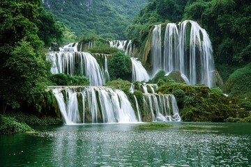 Obraz premium A serene waterfall cascading into a tranquil pool surrounded by lush greenery.