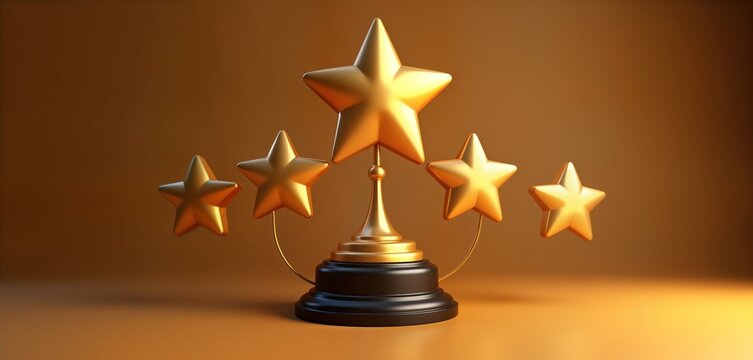 Gold trophy symbol with five stars. Premium award sign represents achievement, success, excellent service. Golden victory symbol for exceptional client satisfaction. Customer feedback review winner