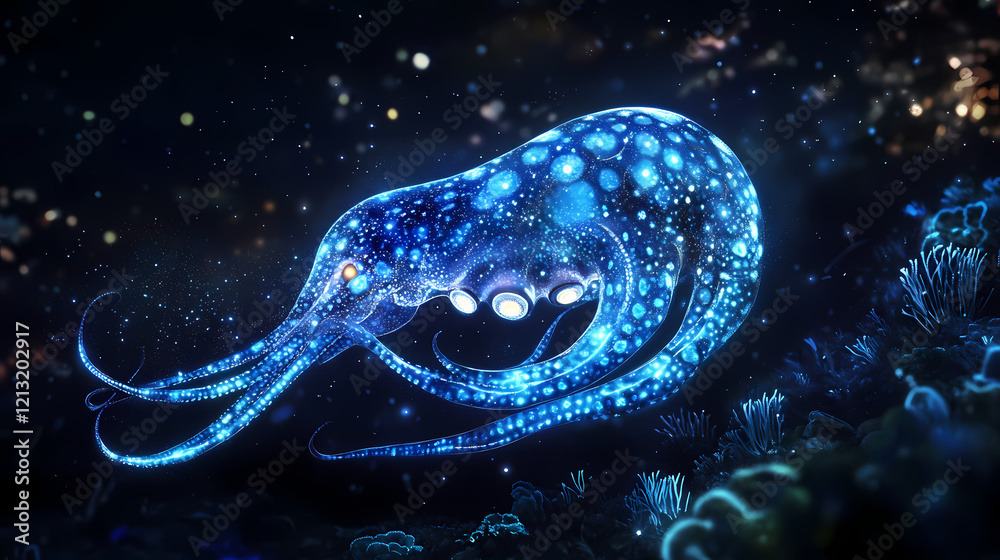 Canvas Prints a squid with glowing celestial patterns in blue and silver, drifting through dark ocean depths, its 