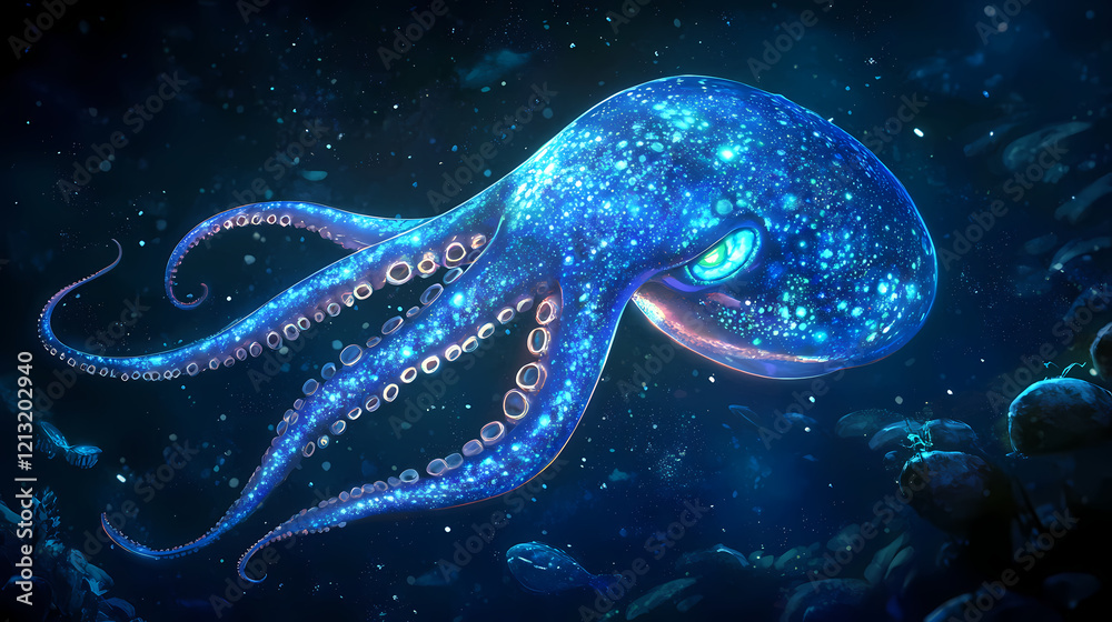 Canvas Prints a squid with glowing celestial patterns in blue and silver, drifting through dark ocean depths, its 