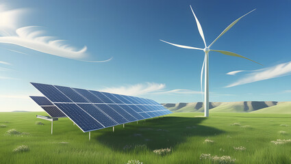 Remote renewable energy setup with solar panels and wind turbine . 