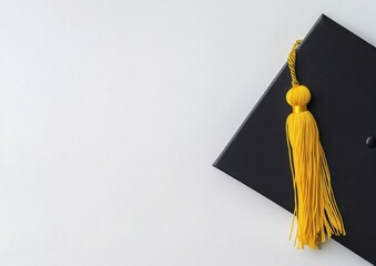 A black graduation cap with a yellow tassel and a diploma on a white background, isolated on the left side of an empty space for text Generative AI