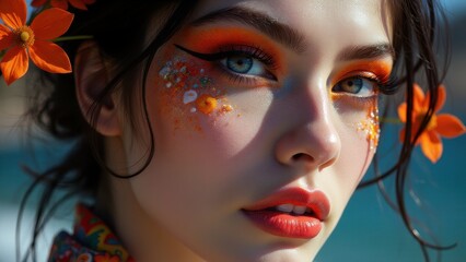 Fototapeta premium Glowing experimental makeup with vibrant orange tones, bold patterns, and artistic close-up design.
