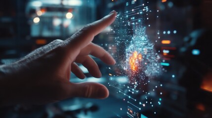 Hand interacting with a futuristic head up display showing a padlock icon, symbolizing cybersecurity, data protection, and network security in a technological environment