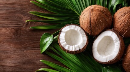 Ripe coconuts and palm leaves on wood, tropical food background