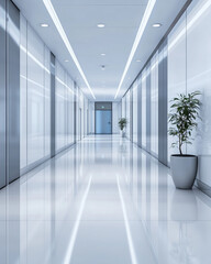Fototapeta premium Modern Minimalist Hallway with Reflective Floors and Indoor Plants