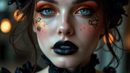 Steampunk experimental makeup featuring golden gear accents and bold black lips, artistic close-up.