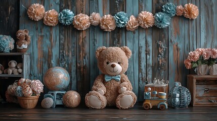 Background for one-year-old baby photo shoot. Paper garland on wooden backdrop with toys. For little boys and girls