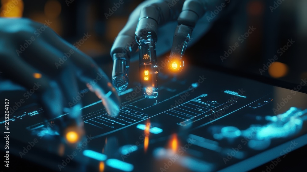 Poster robotic hands with glowing fingertips interact with a futuristic transparent display, analyzing data