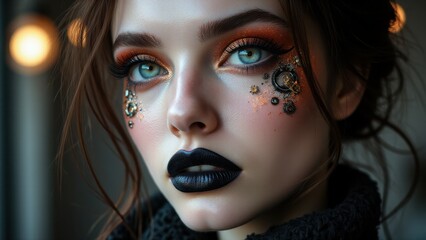 Fototapeta premium Bold experimental steampunk makeup with metallic gold details, black lips, and intricate artistic design.