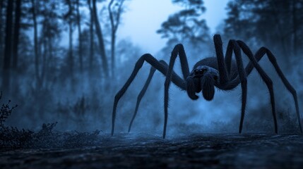In the fog-shrouded forest, a colossal spider appears menacingly, casting a sinister, suspenseful ambiance