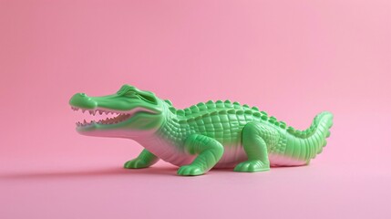 Obraz premium Vibrant Green Crocodile Toy on Soft Pastel Pink Background
