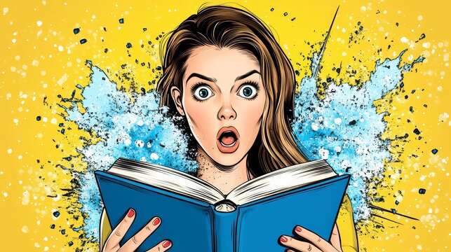 Woman in shock reading a book, her head depicted as exploding, set against a yellow backdrop