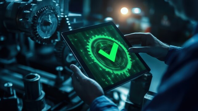 Industrial engineer using a digital tablet for quality control in a high tech factory, ensuring smooth and efficient automated production processes
