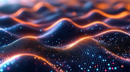 Cyber big data flow. Blockchain data fields. Network line connect stream. Concept of AI technology, digital communication, science research, music waves