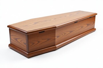 Plain wooden coffin or casket on a white background. Funeral and burial concept.