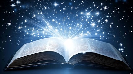 Enchanted open book with cosmic sky and glowing stars swirling from the pages