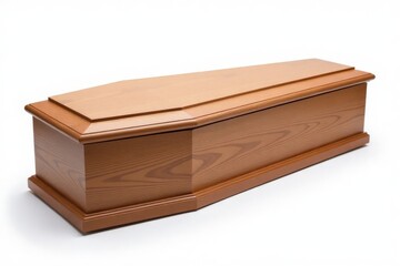 Plain wooden coffin or casket on a white background. Funeral and burial concept.