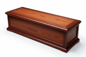 Plain wooden coffin or casket on a white background. Funeral and burial concept.