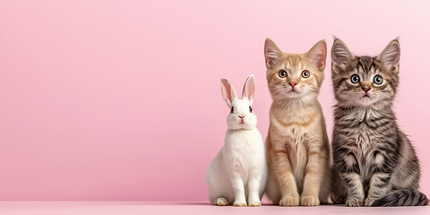 Two charming cats and one white rabbit on on pink background with empty space for adorable pet related design