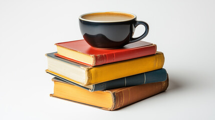 Fototapeta premium Cup of coffee on stack of colorful old books isolated on white background